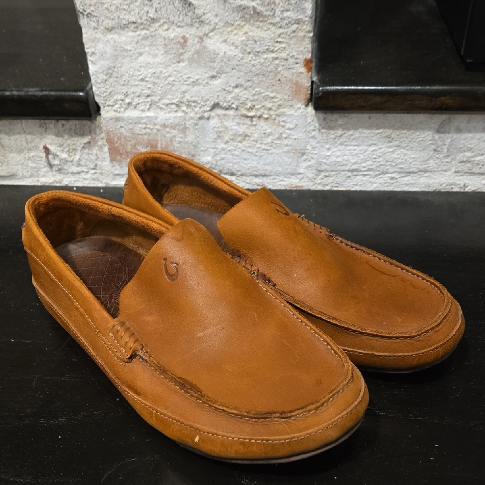 OluKai Tan Leather Slip-On Loafers